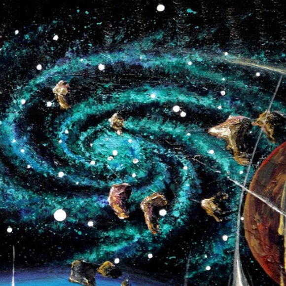 Meteor storm & emerald galaxy. Space Art Acrylic Painting by Sofia Goldberg - Picture 2 of 4